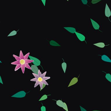 Basit renkli çiçekleri ve arka planda yeşil yaprakları olan güzel kompozisyon, vektör illüstrasyonu