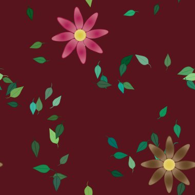 basit renkli çiçekleri olan serbest kompozisyon ve duvar kağıdı için yeşil yapraklar, vektör illüstrasyonu