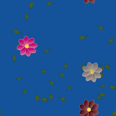 Basit renkli çiçekleri ve arka planda yeşil yaprakları olan güzel kompozisyon, vektör illüstrasyonu