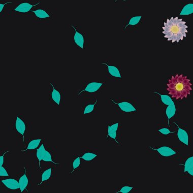 Serbest kompozisyonda yeşil yapraklı basit çiçekler, vektör illüstrasyonu