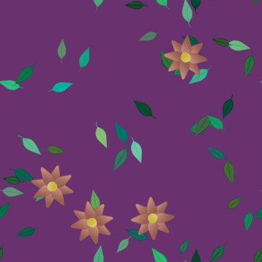 Serbest kompozisyonda yeşil yapraklı basit çiçekler, vektör illüstrasyonu