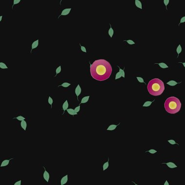 Basit renkli çiçekleri ve arka planda yeşil yaprakları olan güzel kompozisyon, vektör illüstrasyonu