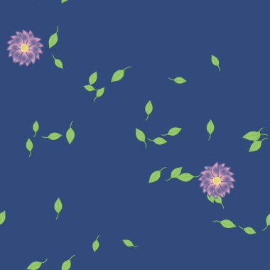 Serbest kompozisyonda yeşil yapraklı basit çiçekler, vektör illüstrasyonu