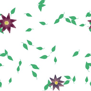 basit renkli çiçekleri olan serbest kompozisyon ve duvar kağıdı için yeşil yapraklar, vektör illüstrasyonu