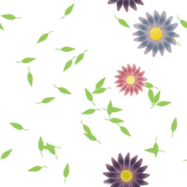 basit renkli çiçekleri olan serbest kompozisyon ve duvar kağıdı için yeşil yapraklar, vektör illüstrasyonu