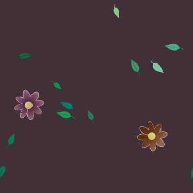 Serbest kompozisyonda yeşil yapraklı basit çiçekler, vektör illüstrasyonu