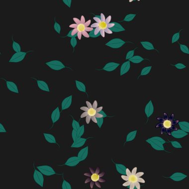basit renkli çiçekleri olan serbest kompozisyon ve duvar kağıdı için yeşil yapraklar, vektör illüstrasyonu
