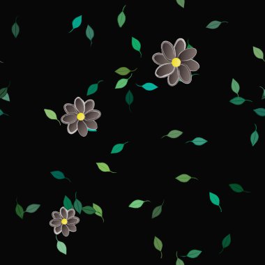 Serbest kompozisyonda yeşil yapraklı basit çiçekler, vektör illüstrasyonu