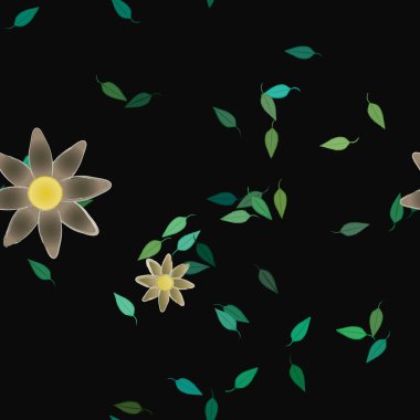 Basit renkli çiçekleri ve arka planda yeşil yaprakları olan güzel kompozisyon, vektör illüstrasyonu