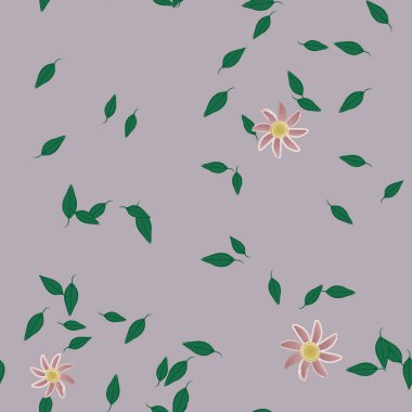 Serbest kompozisyonda yeşil yapraklı basit çiçekler, vektör illüstrasyonu