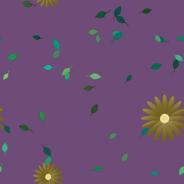 basit renkli çiçekleri olan serbest kompozisyon ve duvar kağıdı için yeşil yapraklar, vektör illüstrasyonu