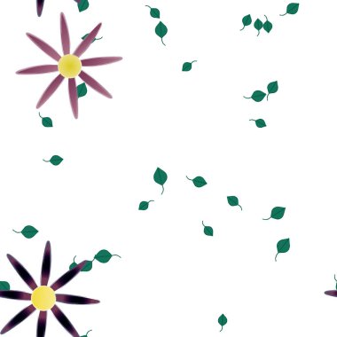 basit renkli çiçekleri olan serbest kompozisyon ve duvar kağıdı için yeşil yapraklar, vektör illüstrasyonu