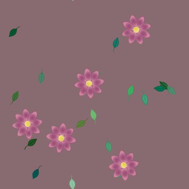 Basit renkli çiçekleri ve arka planda yeşil yaprakları olan güzel kompozisyon, vektör illüstrasyonu