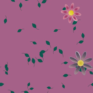 basit renkli çiçekleri olan serbest kompozisyon ve duvar kağıdı için yeşil yapraklar, vektör illüstrasyonu