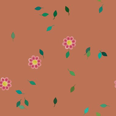 Basit renkli çiçekleri ve arka planda yeşil yaprakları olan güzel kompozisyon, vektör illüstrasyonu