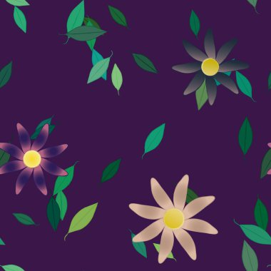 Serbest kompozisyonda yeşil yapraklı basit çiçekler, vektör illüstrasyonu