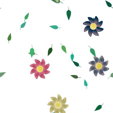 basit renkli çiçekleri olan serbest kompozisyon ve duvar kağıdı için yeşil yapraklar, vektör illüstrasyonu