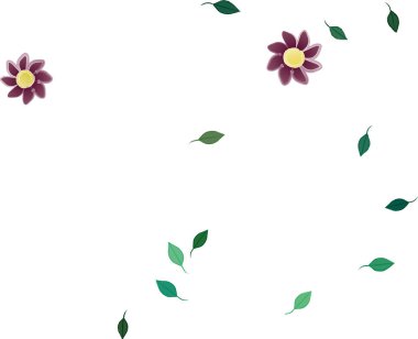 Basit renkli çiçekleri ve arka planda yeşil yaprakları olan güzel kompozisyon, vektör illüstrasyonu