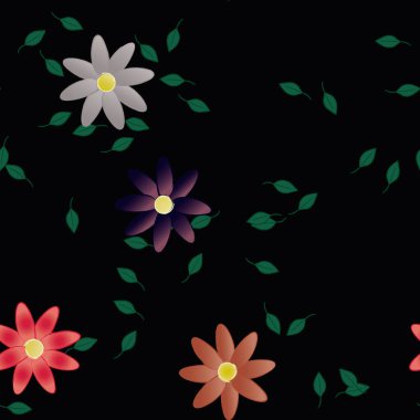 basit renkli çiçekleri olan serbest kompozisyon ve duvar kağıdı için yeşil yapraklar, vektör illüstrasyonu