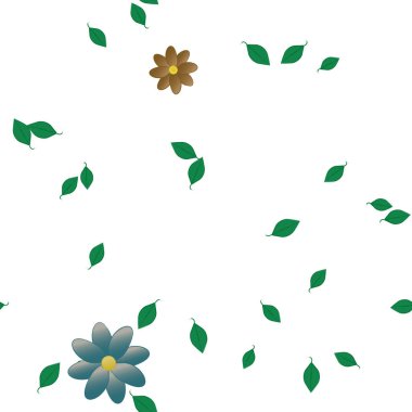 basit renkli çiçekleri olan serbest kompozisyon ve duvar kağıdı için yeşil yapraklar, vektör illüstrasyonu