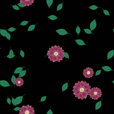 Serbest kompozisyonda yeşil yapraklı basit çiçekler, vektör illüstrasyonu