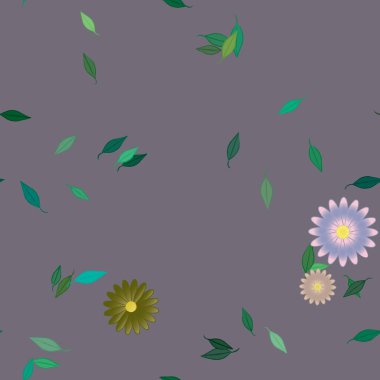 Basit renkli çiçekleri ve arka planda yeşil yaprakları olan güzel kompozisyon, vektör illüstrasyonu