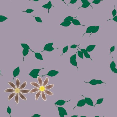 Serbest kompozisyonda yeşil yapraklı basit çiçekler, vektör illüstrasyonu