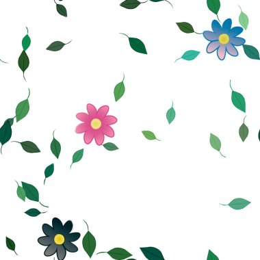 basit renkli çiçekleri olan serbest kompozisyon ve duvar kağıdı için yeşil yapraklar, vektör illüstrasyonu