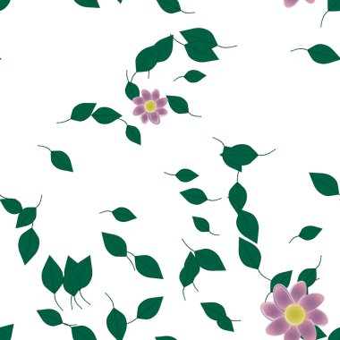 Basit renkli çiçekleri ve arka planda yeşil yaprakları olan güzel kompozisyon, vektör illüstrasyonu