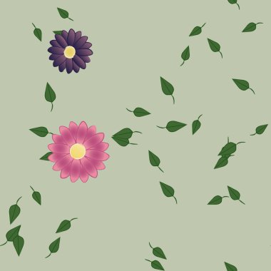 Basit çiçek ve yeşil yapraklı tasarım kompozisyonu, vektör illüstrasyonu