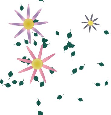 Basit çiçek ve yeşil yapraklı tasarım kompozisyonu, vektör illüstrasyonu