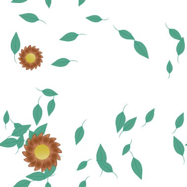 Serbest kompozisyonda yeşil yapraklı basit çiçekler, vektör illüstrasyonu