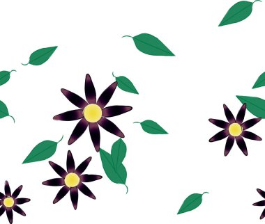 basit renkli çiçekleri olan serbest kompozisyon ve duvar kağıdı için yeşil yapraklar, vektör illüstrasyonu