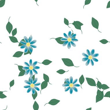 basit renkli çiçekleri olan serbest kompozisyon ve duvar kağıdı için yeşil yapraklar, vektör illüstrasyonu