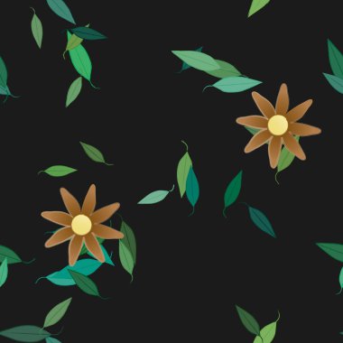 basit renkli çiçekleri olan serbest kompozisyon ve duvar kağıdı için yeşil yapraklar, vektör illüstrasyonu