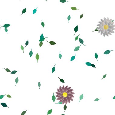 Serbest kompozisyonda yeşil yapraklı basit çiçekler, vektör illüstrasyonu