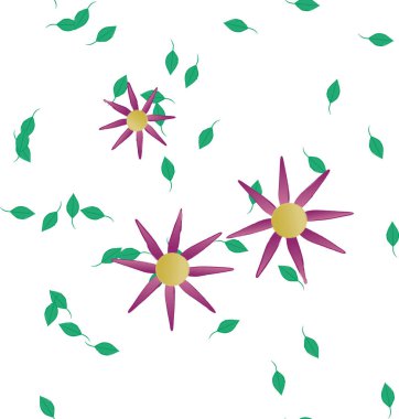 Serbest kompozisyonda yeşil yapraklı basit çiçekler, vektör illüstrasyonu