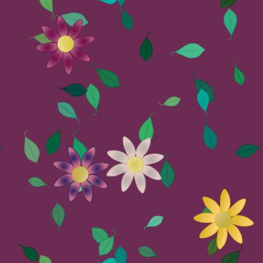 Basit çiçek ve yeşil yapraklı tasarım kompozisyonu, vektör illüstrasyonu