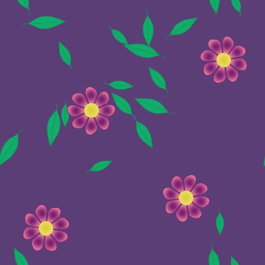 basit renkli çiçekleri olan serbest kompozisyon ve duvar kağıdı için yeşil yapraklar, vektör illüstrasyonu