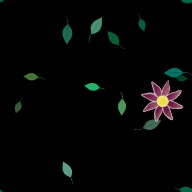 Serbest kompozisyonda yeşil yapraklı basit çiçekler, vektör illüstrasyonu