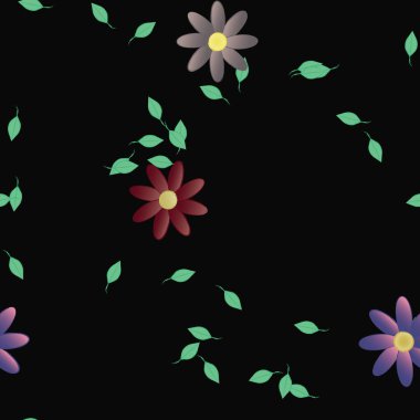 basit renkli çiçekleri olan serbest kompozisyon ve duvar kağıdı için yeşil yapraklar, vektör illüstrasyonu