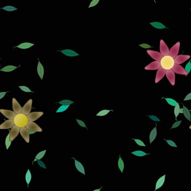 Basit renkli çiçekleri ve arka planda yeşil yaprakları olan güzel kompozisyon, vektör illüstrasyonu