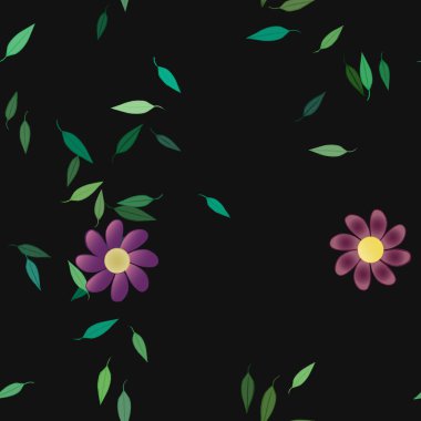 Serbest kompozisyonda yeşil yapraklı basit çiçekler, vektör illüstrasyonu