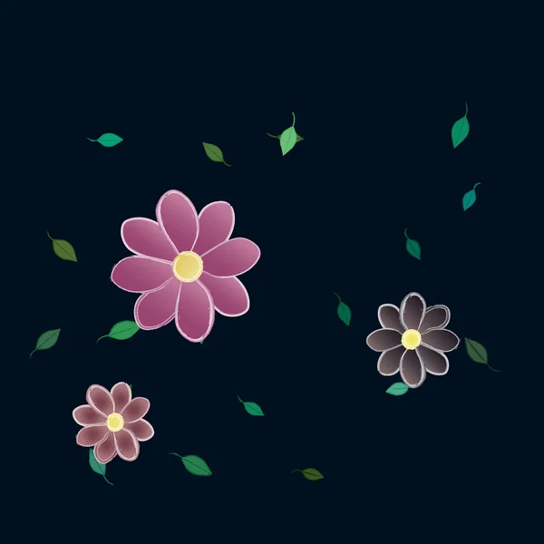 Hermosa Composición Con Flores Colores Simples Hojas Verdes Fondo Ilustración — Vector de stock