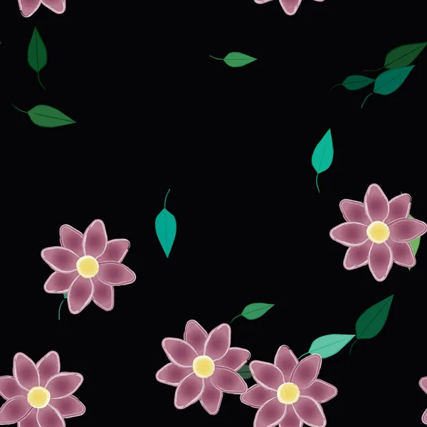 vector template with simple colorful flowers and green leaves