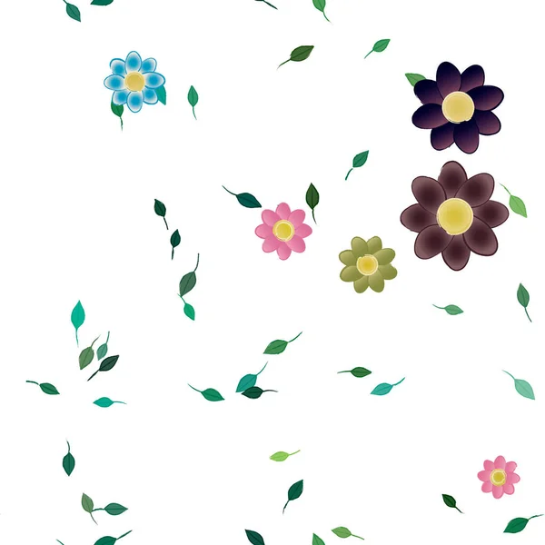 Compoziție Gratuită Flori Simple Colorate Frunze Verzi Pentru Tapet Ilustrație — Vector de stoc