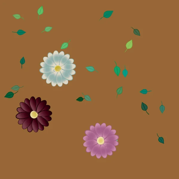 Mooie Compositie Met Eenvoudige Gekleurde Bloemen Groene Bladeren Achtergrond Vector — Stockvector