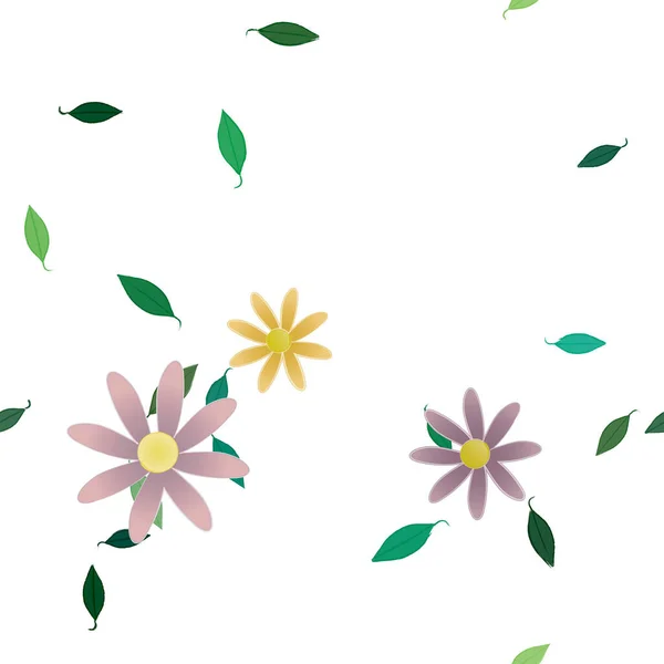 Composição Bonita Com Flores Coloridas Simples Folhas Verdes Fundo Ilustração — Vetor de Stock