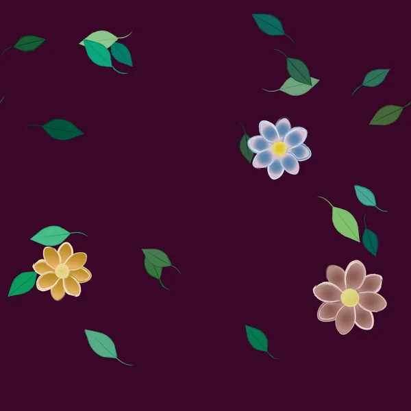 Mooie Compositie Met Eenvoudige Gekleurde Bloemen Groene Bladeren Achtergrond Vector — Stockvector