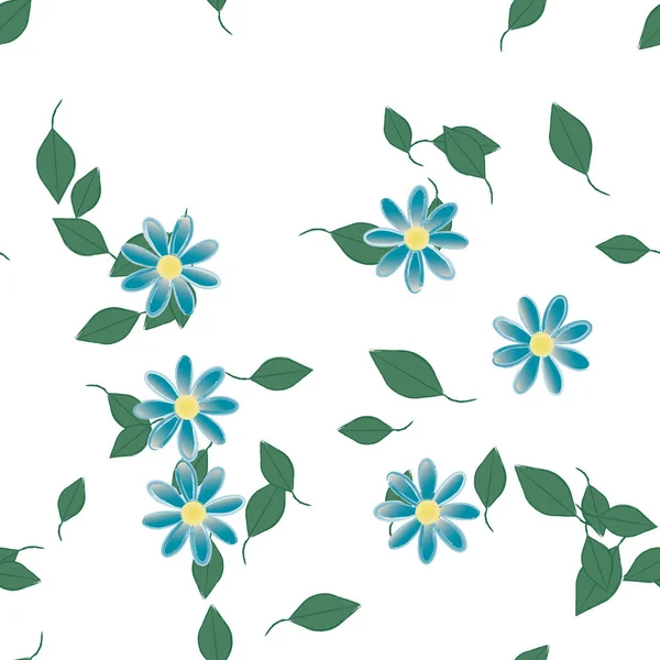 basit renkli çiçekleri olan serbest kompozisyon ve duvar kağıdı için yeşil yapraklar, vektör illüstrasyonu